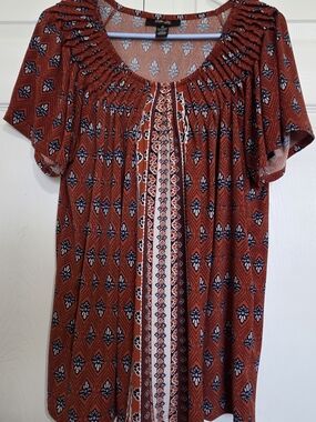 Style & Co. Rust Printed Short-Sleeve Smocked Neck Tunic
